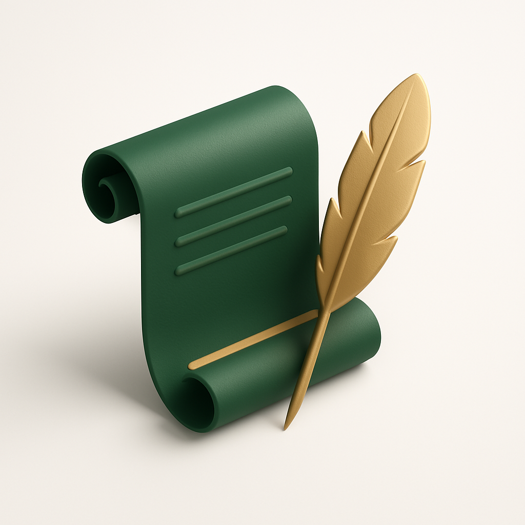 minimalist 3D render, scroll and quill icon, soft matte finish, rich green and antique gold accents, pristine white backdrop, isometric angle, ambient glow, feathered shadows, simple and elegant