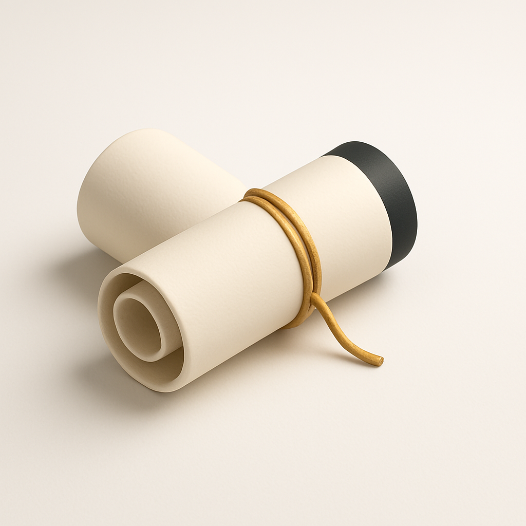 minimalist 3D render, ancient rolled manuscript icon, soft matte finish, ivory and deep black tones with antique gold tie, pristine white backdrop, isometric angle, ambient glow, feathered shadows, simple and elegant