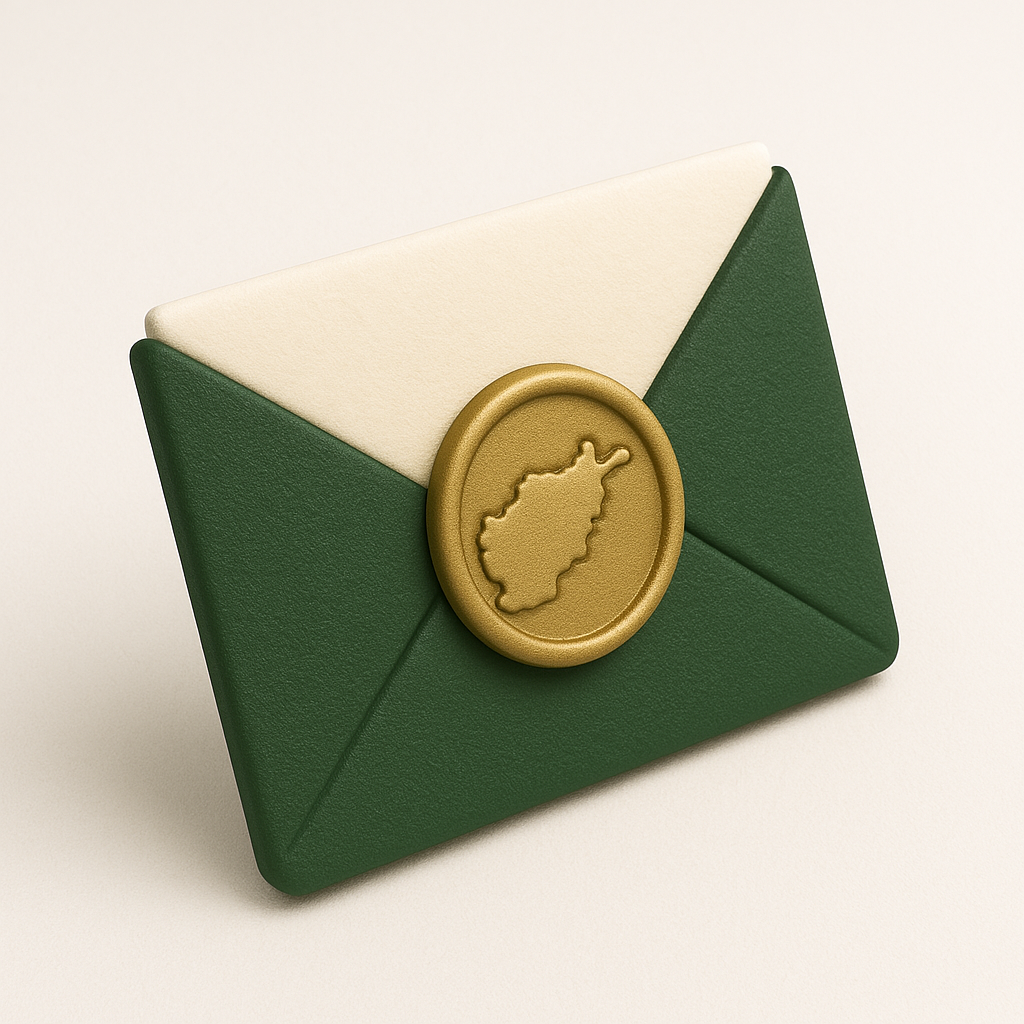 minimalist 3D render, envelope with Afghan map seal icon, soft matte finish, deep green and antique gold with white parchment, pristine white backdrop, isometric angle, ambient glow, feathered shadows, simple and elegant
