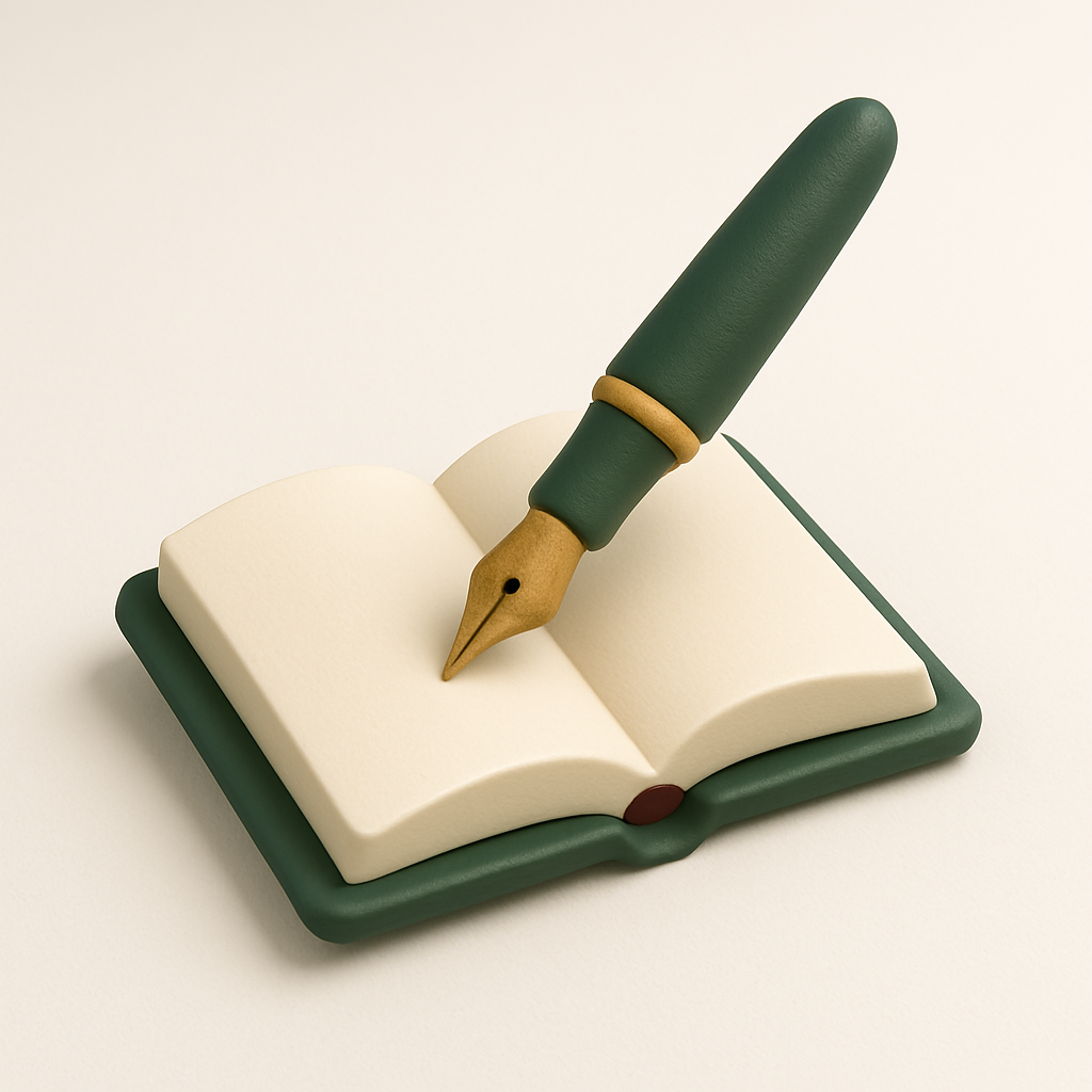 minimalist 3D render, pen hovering above an open book icon, soft matte finish, dark green and beige with subtle red details, pristine white backdrop, isometric angle, ambient glow, feathered shadows, simple and elegant