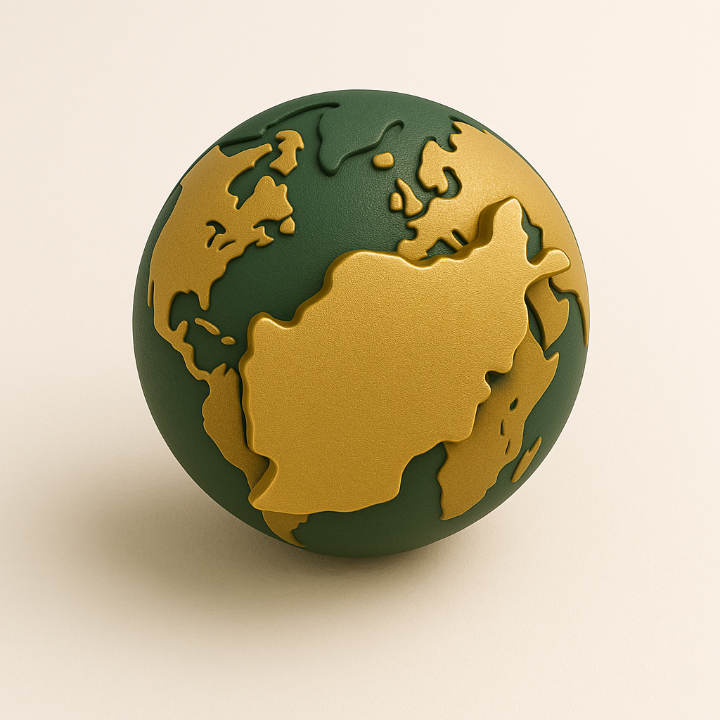 minimalist 3D render, globe merged with Afghanistan silhouette icon, soft matte finish, forest green and antique gold, pristine white backdrop, isometric angle, ambient glow, feathered shadows, simple and elegant
