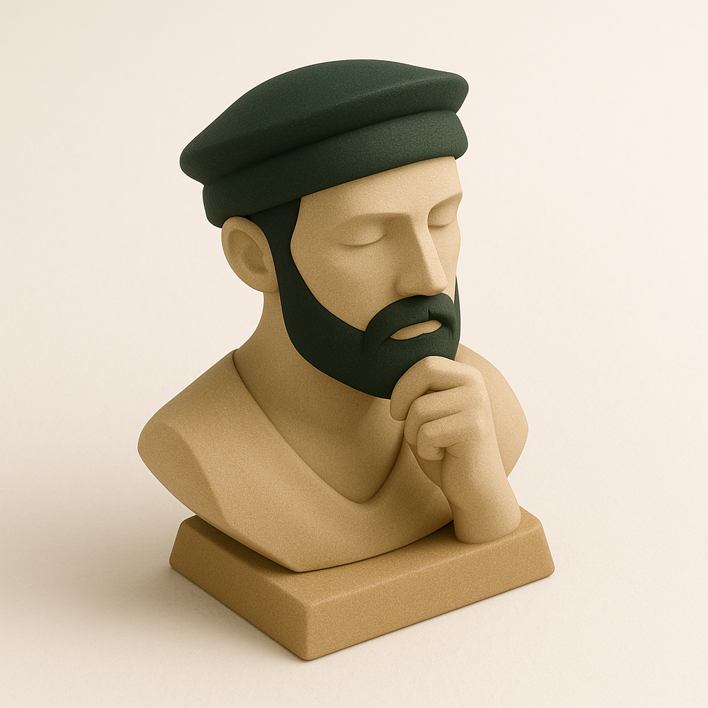 minimalist 3D render, bust sculpture of a thoughtful male figure wearing a traditional Afghan pakol, soft matte finish, sandstone beige with deep green and charcoal black accents, pristine white backdrop, isometric angle, ambient glow, feathered shadows, refined and culturally rich