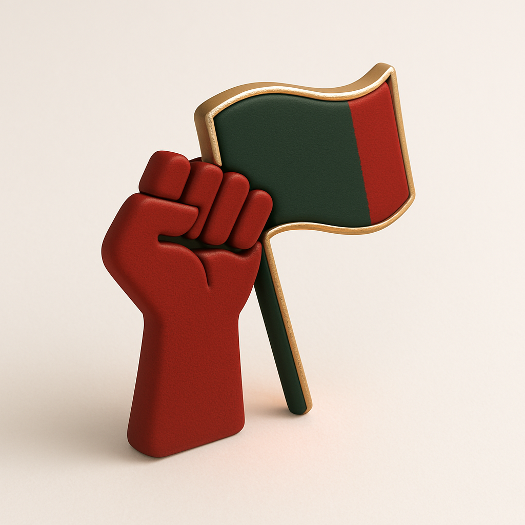 minimalist 3D render, raised hand and flag icon, soft matte finish, bold red and deep green tones with antique gold edge, pristine white backdrop, isometric angle, ambient glow, feathered shadows, simple and elegant
