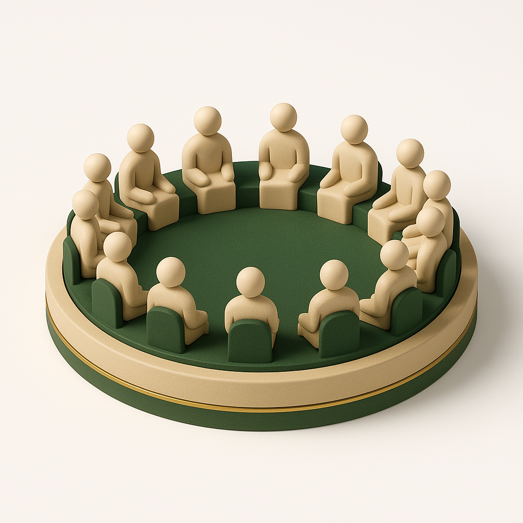 minimalist 3D render, round tribal council platform with seated symbolic figures in a circular formation, soft matte finish, sandstone beige and forest green with antique gold highlights, pristine white backdrop, isometric angle, ambient glow, feathered shadows, culturally symbolic and elegant